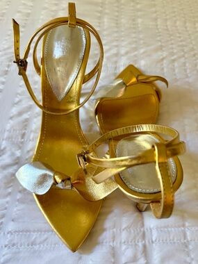 SCHUTZ Gold Metallic Bow Ankle-Strap Heels